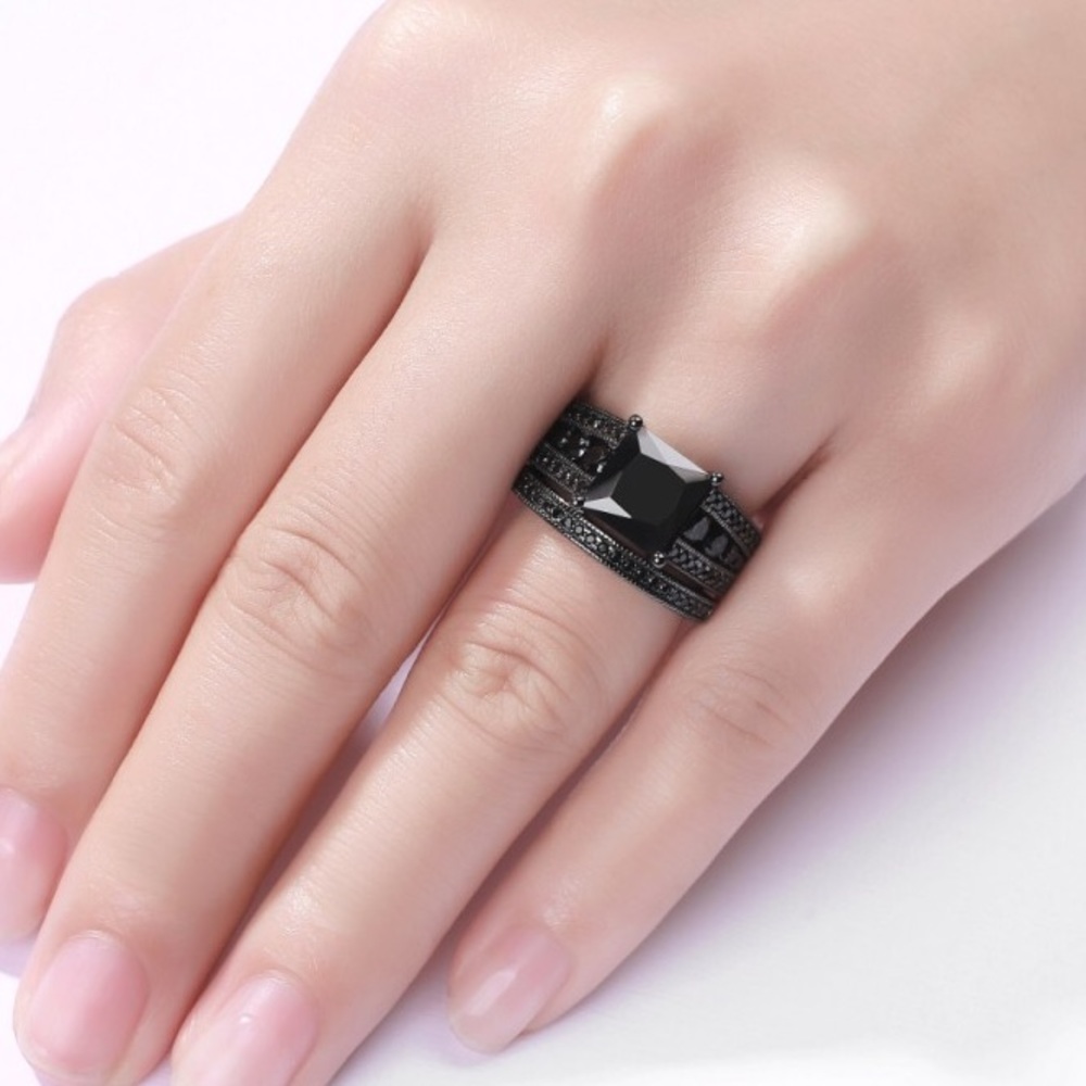 NEw Princess cut black sapphire Sterlingsilver set - Picture 3 of 6